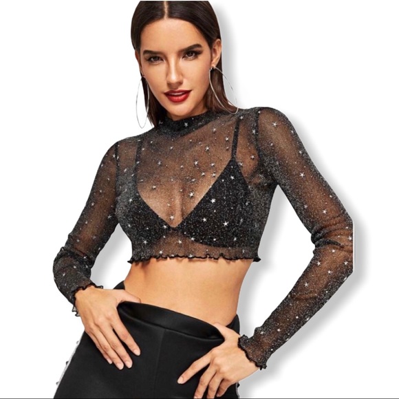Tops - Lettuce Edge Star Glitter Sheer Crop Top